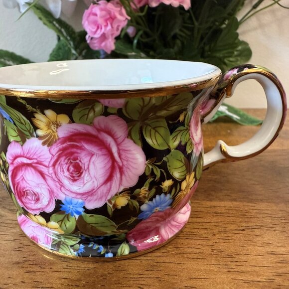 Royal Staffordshire Black Chintz Rose Teapot Floral Cup Gold Trim Pink Blue - Picture 4 of 8